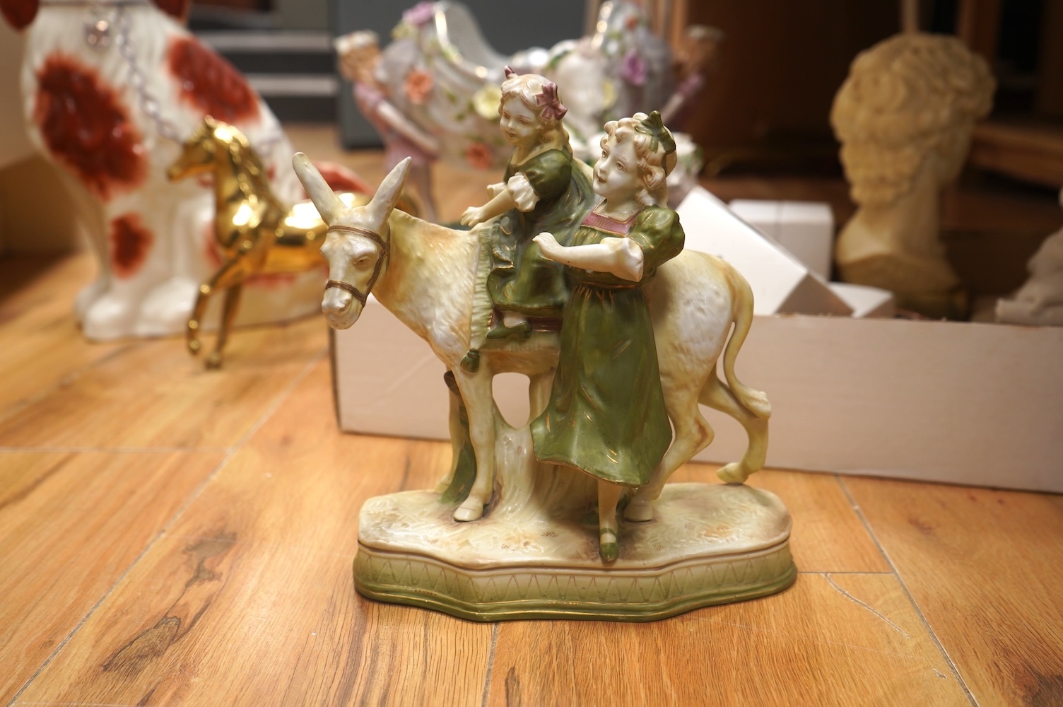 A schneeballen figure, Staffordshire dog, Doulton jar and mixed decorative china etc., tallest 36cm high. Condition - variable